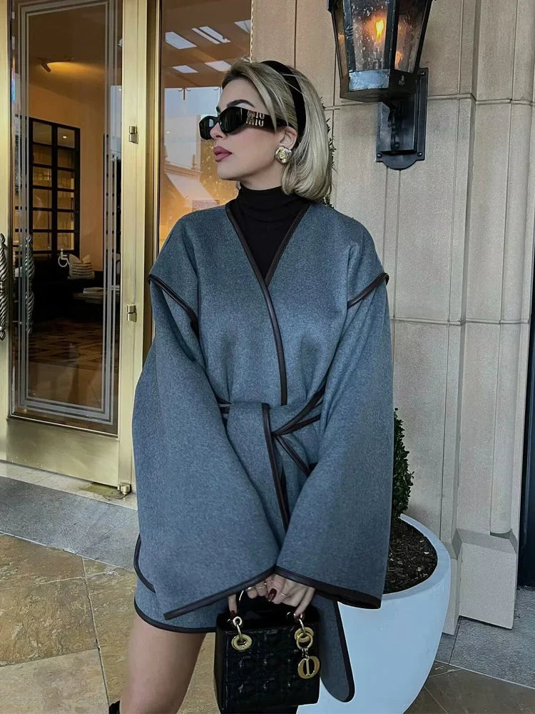 maoxiangshop  -  Woolen Women Long Coat 2024 Autumn Winter V-Neck Lace Up Loose Outerwear Lady Long Sleeve with Pockets Coats