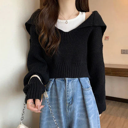 maoxiangshop Rimocy Long Sleeve Cropped Sweater Women Autumn Winter Turn Down Collar Knitted Jumper Woman Korean Style Solid Color Jerseys