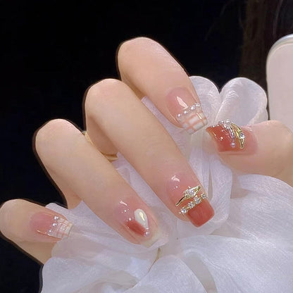 24pcs Bridal Nail Art tips with design press on nails long false nails glue coffin nail tips Rhinestones Glitter stick on nails