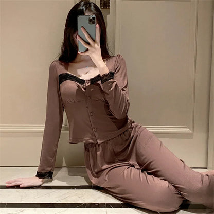maoxiangshop  -  Modal Comfort Padded Top Pajamas For Women Autumn Spring Sweet Casual Lace Trim Long Sleeve Slim T-shirts + Wide Leg Pant Sets