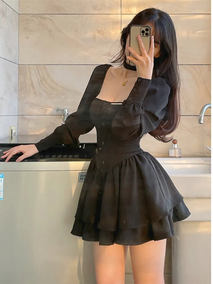 maoxiangshop Black Vintage 3 Piece Skirt Set Women Sexy Lolita Y2k Mini Skirt Suit Female Casual Korean Fashion Long Sleeve Retro Set