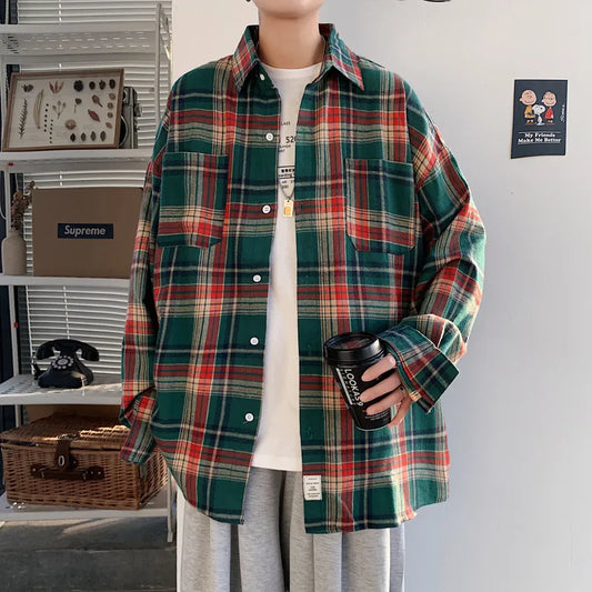 maoxiangshop Harajuku Long Sleeve Plaid Shirts Men Big Size M-5XL Autumn Chic Loose Vintage High Street All-match Gentleman Camisa