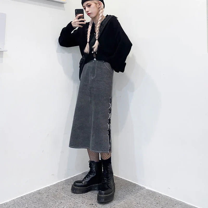 Vintage Gray Denim Skirts Woman Y2K Streetwear Lace Up Design Side Split Skirts Korean Chic High Wiast Long Skirt Women