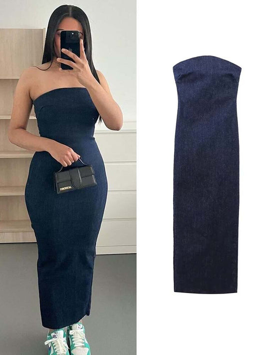 maoxiangshop Off Shoulder Denim Dress Woman Blue Corset Long Dress Women Midi Bodycon Dresses For Women Elegant Party Dress