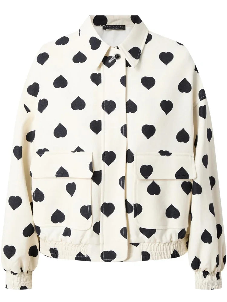 maoxiangshop  -  Women New Fashion Contrasting Love Printed Zipper Jacket Elegant Lapel Long Sleeves Pocket Loose Coat Autumn Chic Lady Outerwear
