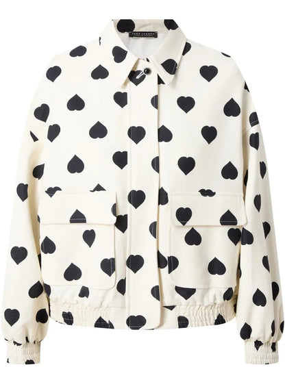 maoxiangshop  -  Women New Fashion Contrasting Love Printed Zipper Jacket Elegant Lapel Long Sleeves Pocket Loose Coat Autumn Chic Lady Outerwear