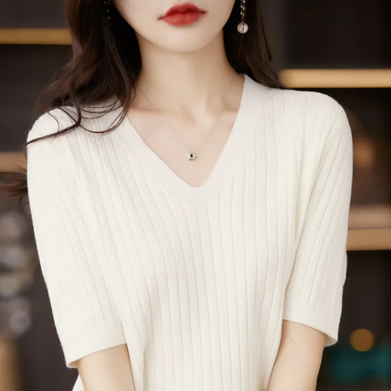 Women Sweater Short Sleeve V-neck Stripe Knitwears Slim Fit Shirt Korean Fashion Pullovers Thin Knit Tops 2023 Bottoming Shirts