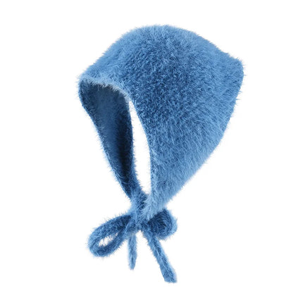 maoxiangshop  -  Autumn Winter Plush Triangle Scarf for Women Girls Sweet Warm Lace-Up Beanies French Fleece Knitted Bonnet Headscarf Accessories