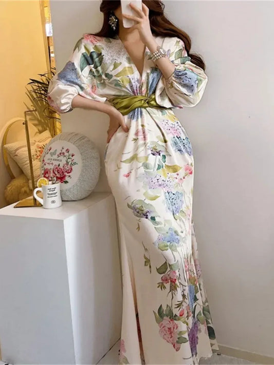 Spring Japan Style Elegant Floral Midi Dress Women Vintage Chic Bodycon Party Birthday Vestidos Female Fashion One Pieces Robe