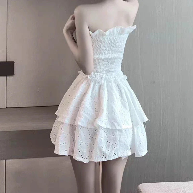 maoxiangshop White Lace Strapless Mini Dress Sweet Sexy Backless Girdle Waist Ruffle Casual Slim Dresses Party Vacation Short Dress