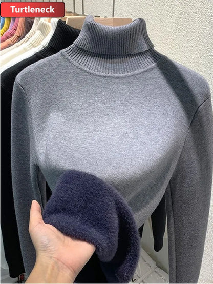 maoxiangshop Turtleneck Winter Sweater Women Elegant Thicken Velvet Lined Warm Sueter Knitted Pullover Slim Tops Jersey Knitwear Jumper New