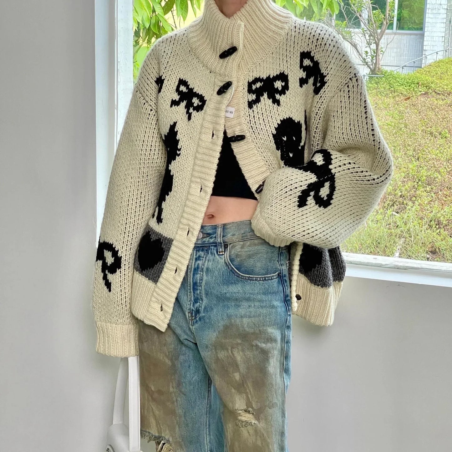 maoxiangshop  -  Thicken Cardigan Sweater Outwear Women  Autumn Winter Retro Cat Love Pattern Stand Collar Horn Button Knitted Cardigan