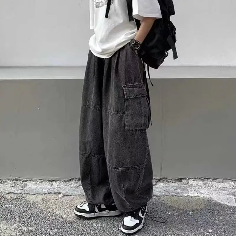 maoxiangshop 2024 Spring Autumn Men Baggy Jeans Men Wide Leg Pants Big Pockets Elastic Waist Streetwear Trousers Male Loose Denim Pants