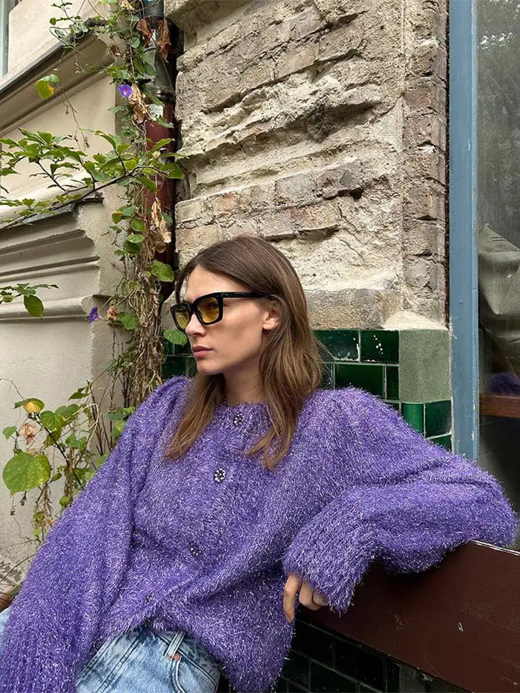 maoxiangshop -  Autumn Winter Women Purple Bright Silk Knitted Cardigan Fashion O Neck Long Sleeve Sweater Female Office Y2k Chic Warm Tops