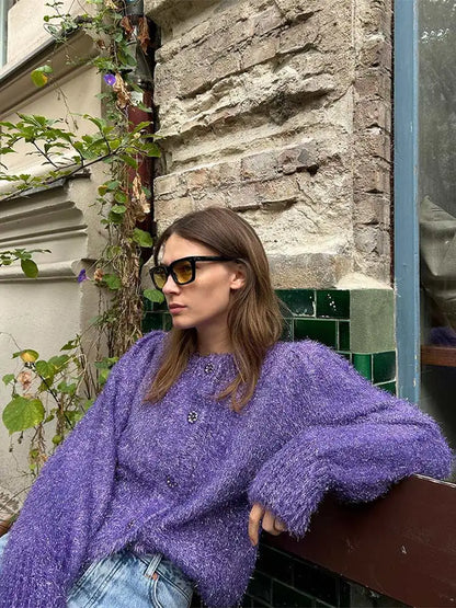 maoxiangshop -  Autumn Winter Women Purple Bright Silk Knitted Cardigan Fashion O Neck Long Sleeve Sweater Female Office Y2k Chic Warm Tops