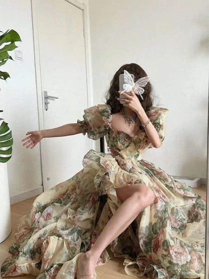 maoxiangshop Floral Print Evening Party Dress Women 2024 Spring OutfitsPuff Sleeve Elegant Princess Long Dres Ladies France Vintage Open Fork Dress Summer