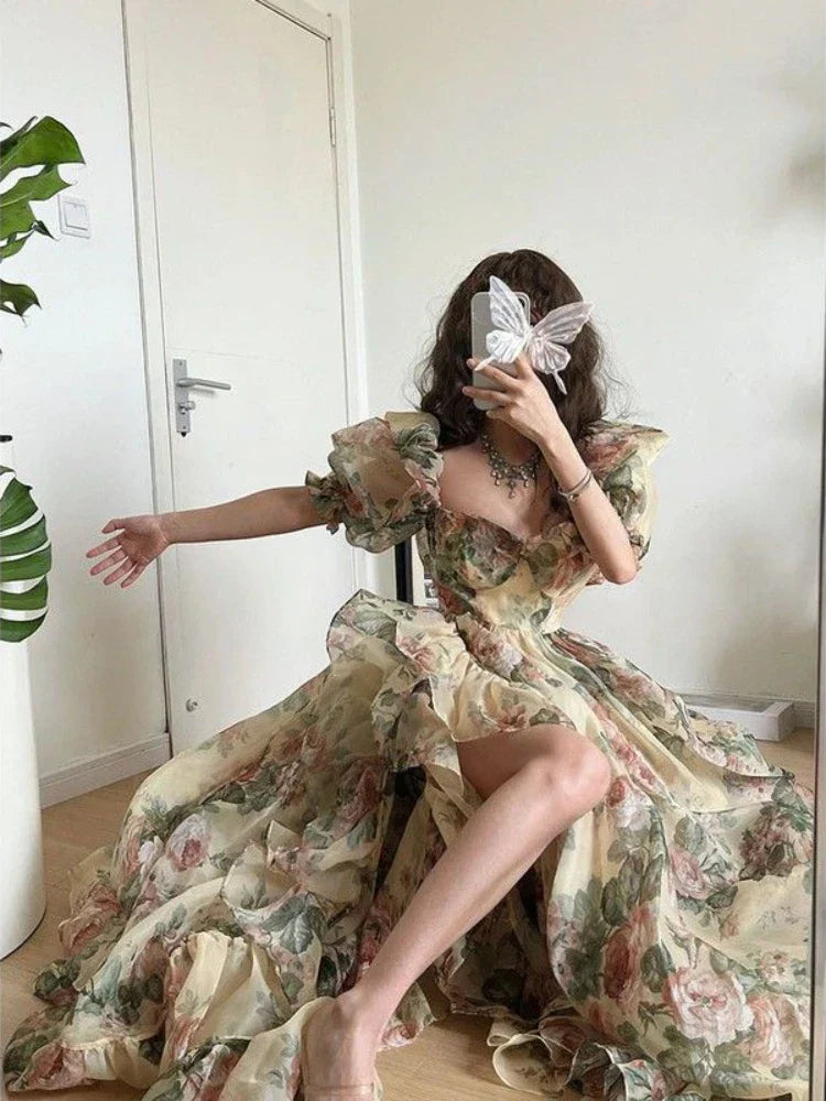 maoxiangshop-Floral Print Evening Party Dress Women 2024 Puff Sleeve Elegant Princess Long Dres Ladies France Vintage Open Fork Dress Summer