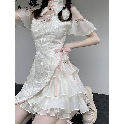 maoxiangshop-Vintage Chinese Style Cheongsam High Split Mini Dress Tie Dye Gothic Women Aesthetic Bandage Dresses Y2k Sexy Bodycon Robe