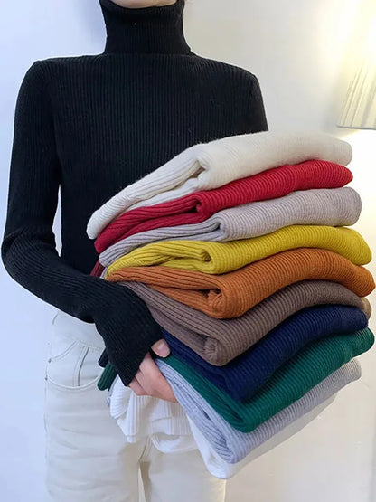 maoxiangshop New Women Pullover Turtleneck Sweater Autumn Long Sleeve Slim Elastic Korean Simple Basic Cheap Jumper Solid Color Top