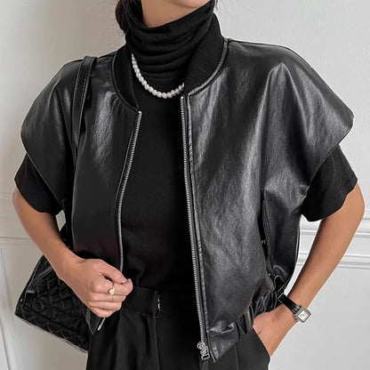 maoxiangshop  -  Retro High-End Leather Vest Women'S Autumn And Winter Round Neck Zipper Style Loose And Versatile Short Sleeved Jacket