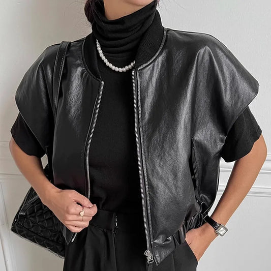 maoxiangshop  -  Retro High-End Leather Vest Women'S Autumn And Winter Round Neck Zipper Style Loose And Versatile Short Sleeved Jacket