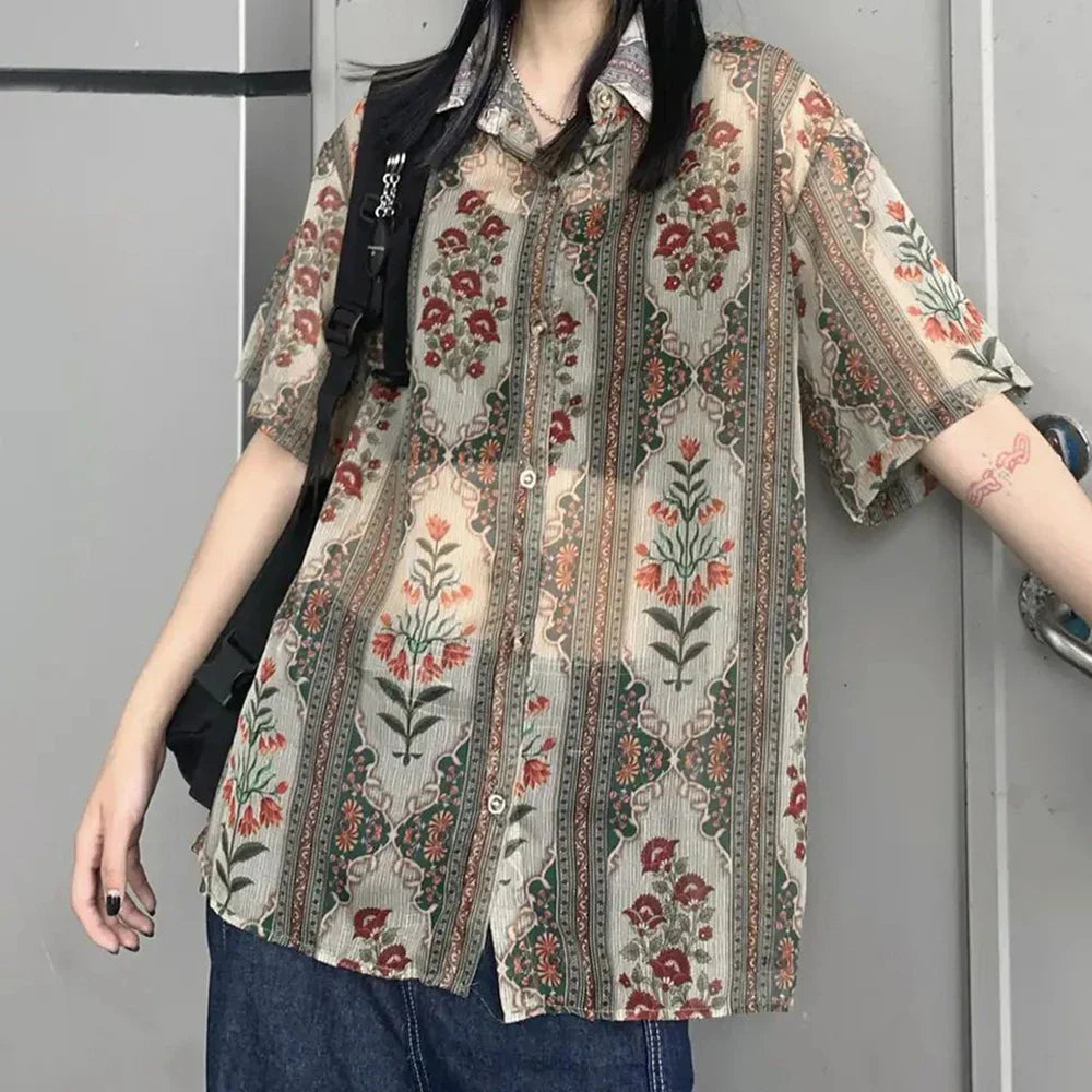 maoxiangshop Oversized Bohemian T Shirt Men New Summer Street Y2k Shirts Mens Loose Thin Perspective Sexy Chiffon Short-sleeved Top Clothing