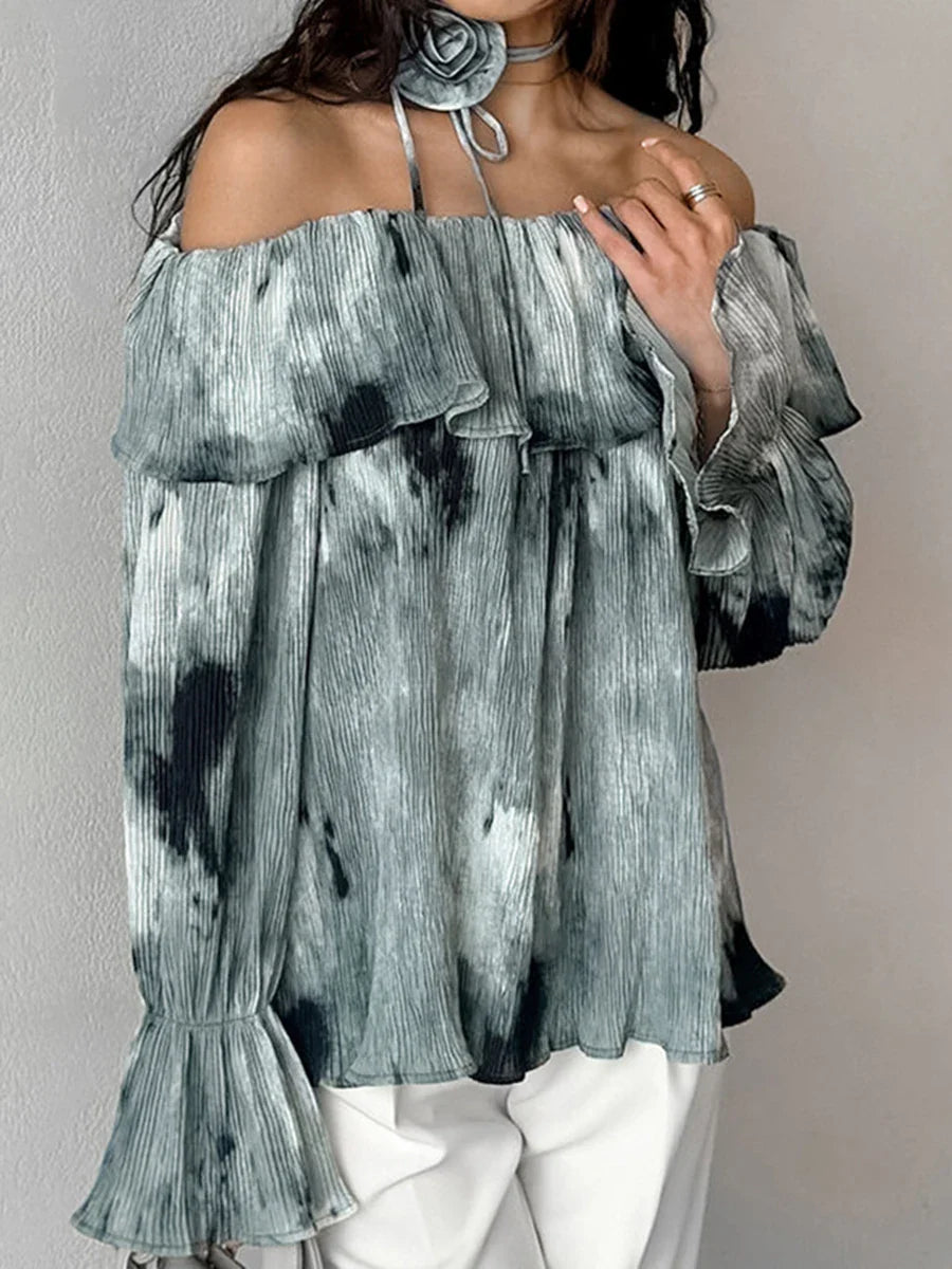 maoxiangshop  -  Ink Print Tie Dye Long Sleeve 2024 New Sexy Off Shoulder Flare Sleeve T-shirt Women Autumn Casual Elegant Flower Lace-up Tees