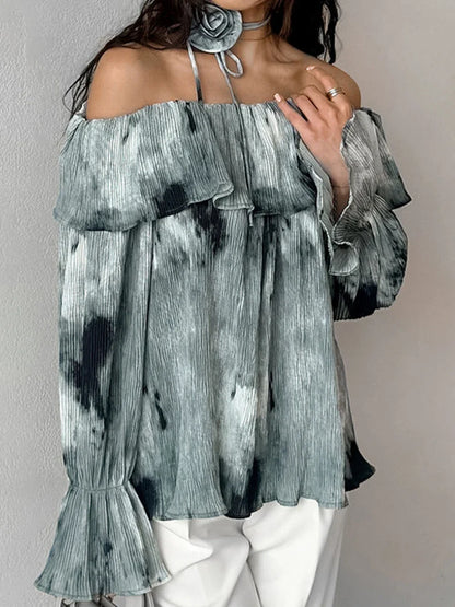 maoxiangshop  -  Ink Print Tie Dye Long Sleeve 2024 New Sexy Off Shoulder Flare Sleeve T-shirt Women Autumn Casual Elegant Flower Lace-up Tees