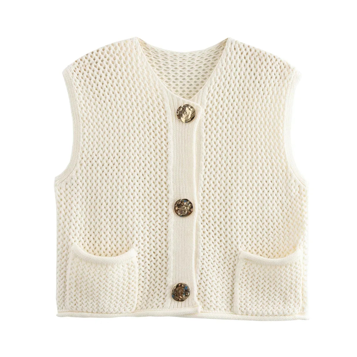 maoxiangshop  -  Vintage Knit Waistcoat Women Solid Round Neck Single Breasted Sleeveless Pocket Sweater Vests 2024 Autumn Winter Casual Lady Top