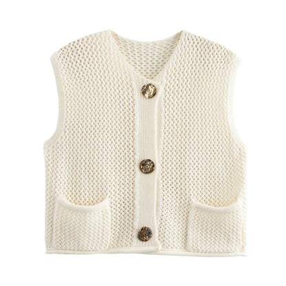 maoxiangshop  -  Vintage Knit Waistcoat Women Solid Round Neck Single Breasted Sleeveless Pocket Sweater Vests 2024 Autumn Winter Casual Lady Top