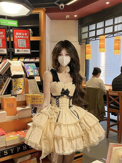 Summer Women Mini Suspender Fluffy Lolita Dress Princess Tierred Ruffles Prom Gown Evening Frocks Y2k Evening Club One-Piece