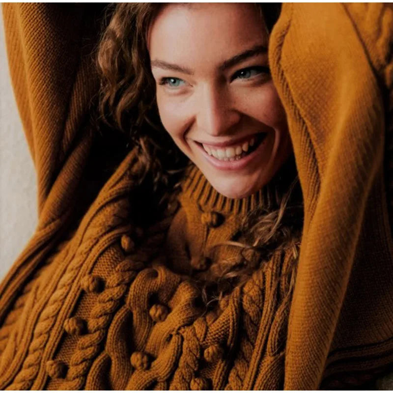 maoxiangshop -  Round Neck Ball Embellished Sweater Women Long Sleeved Warm Knitwear Pullover Autumn Winter Fashion Female Casual Jumper