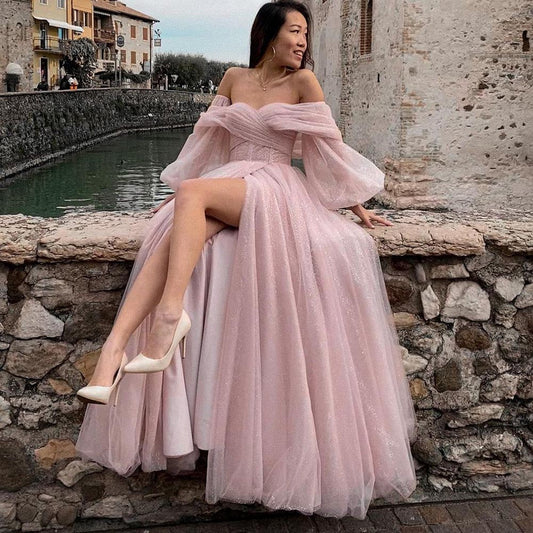 maoxiangshop Pink Shiny Tulle Prom Dresses Off The Shoulder Long Puff Sleeve Evening Party Gowns Slit Women Arabia Wedding Dress