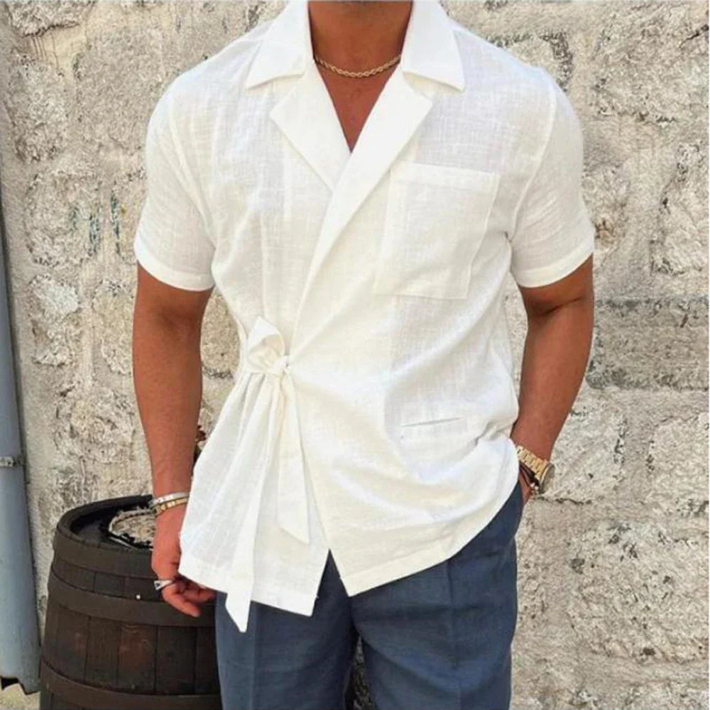 maoxiangshop Summer Solid Color Linen Short-sleeved Shirt Suit Lapel Strap French Elegant Gentleman Loose Casual Simple Top Men's Clothing