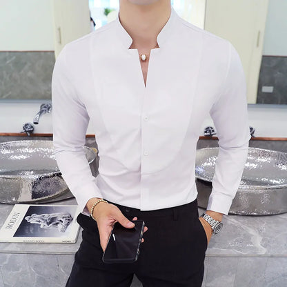 maoxiangshop Mens Long Sleeve Shirt High Quality Stand Collar Casual Slim Solid Color Summer Fashion Men's Clothing Shirt Oversized Size 5XL
