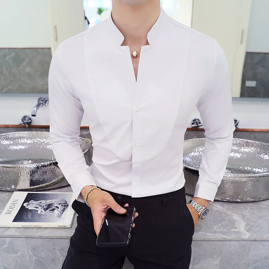 maoxiangshop Mens Long Sleeve Shirt High Quality Stand Collar Casual Slim Solid Color Summer Fashion Men's Clothing Shirt Oversized Size 5XL