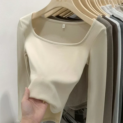 maoxiangshopU Neck Long Sleeve Shirt Women Warm Fleece Sexy Cropped Tops Autumn Winter Black Casual Skinny Slim Basic T Shirt Woman