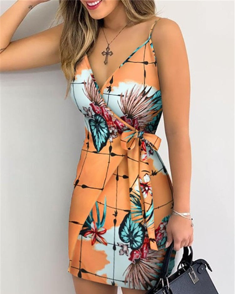 Summer New V-Neck Print Lace Up Wrap Sexy Dress for Women