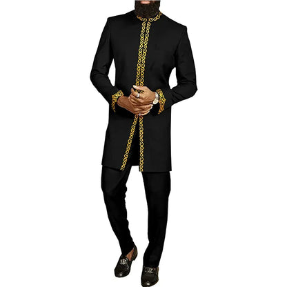 maoxiangshop African Men Dress Shirt Mid Length Round Neck Long Sleeve Tops Male Spring Traditional Plus Size Slim Dashiki Blouse Man-ALL SET