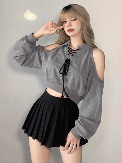 Deeptown Y2K Vintage Gray Cropped Hoodies Women Harajuku Sexy Off Shoulder Sweatshirts Korean Loose Casual Chic Tops Gothic Kpop