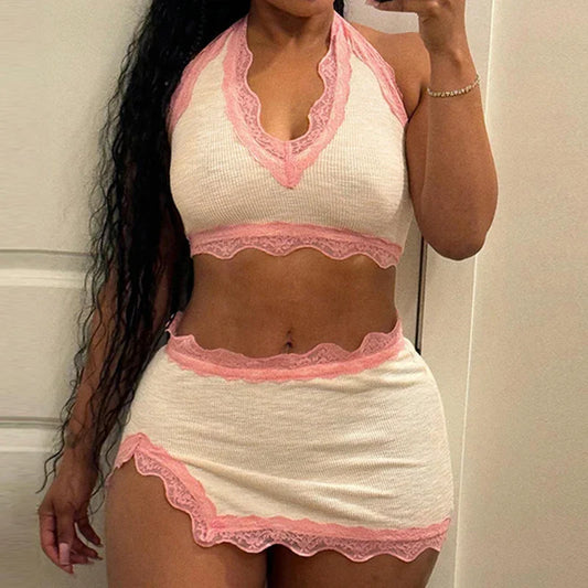 Fashion Sweet Sexy Summer Two Pieces Sets Women Club Party Bodycon Halter Top+Mini Skirts Lace Trim Coquette Clothes