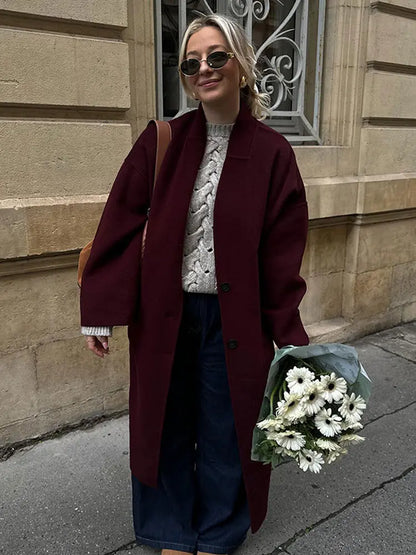 maoxiangshop -  Loose Red Wool Long Trench Overcoat Women Winter Long Sleeve Thick Warm Coat Female Fashion Office Lady Cardigan Outwear