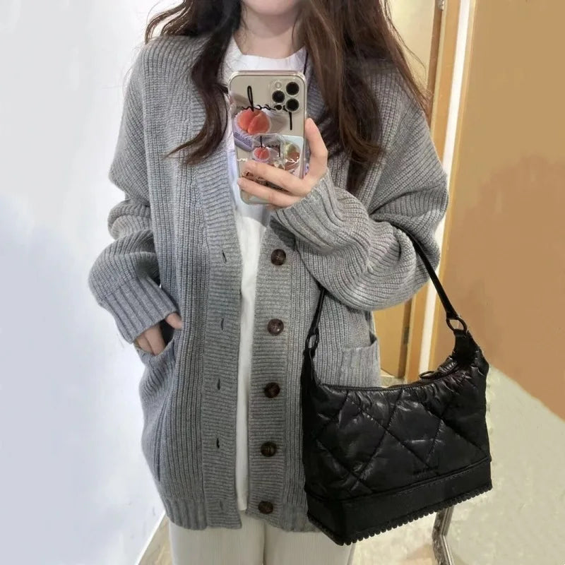 maoxiangshop Women's Sweaters Button Up V-neck Front Pocket Soft Wool Knitted Cardigan Chic Korean Fashion  Outfit Autumn Winter