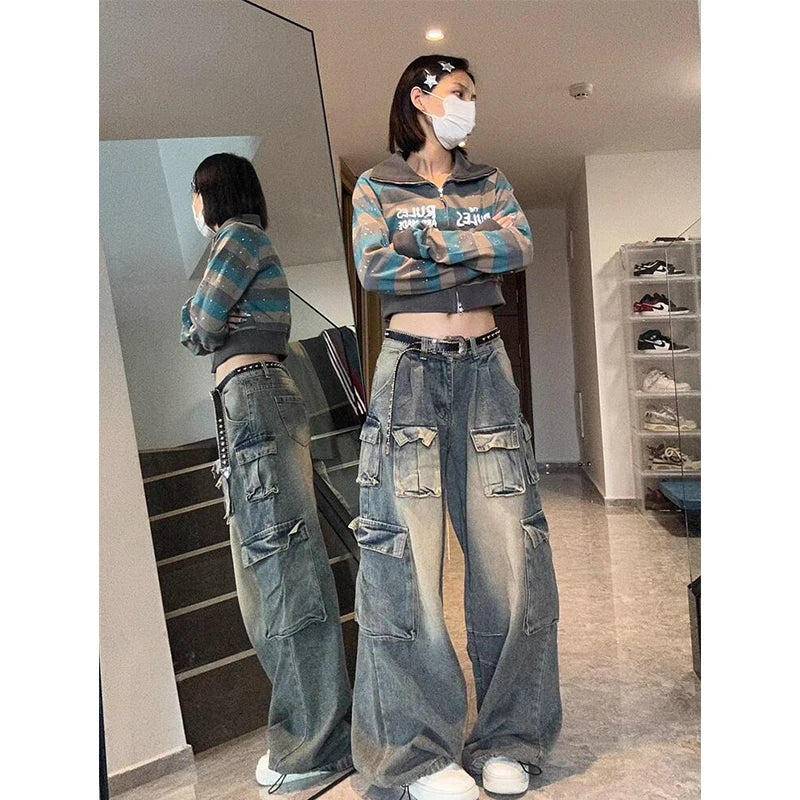 Y2K Cargo Jeans Women Streetwear Multi-Pocket Wide Leg Denim Pants Harajuku Vintage High Waist Baggy Casual Trousers New