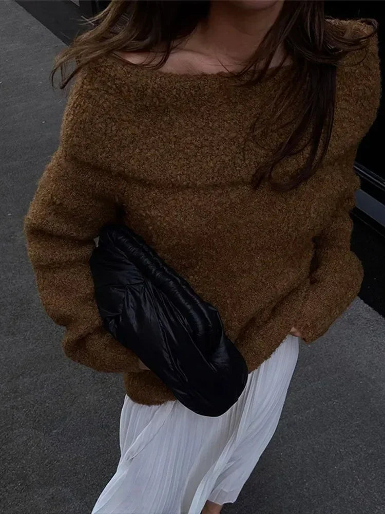 maoxiangshop  -  Women Chic Solid Off Shoulder Loose Knitted Pullover Fashion Long Sleeve Warm Sweater 2024 Autumn Lady New Casual Knitwear Top