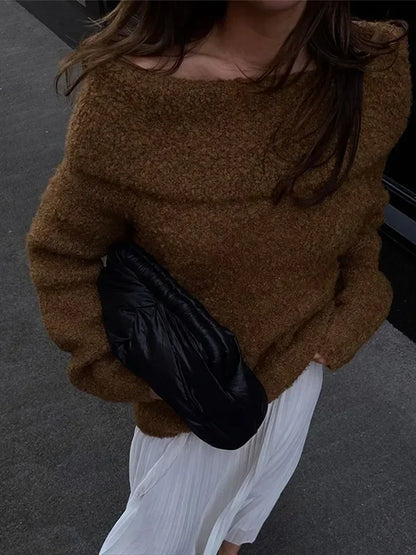 maoxiangshop  -  Women Chic Solid Off Shoulder Loose Knitted Pullover Fashion Long Sleeve Warm Sweater 2024 Autumn Lady New Casual Knitwear Top