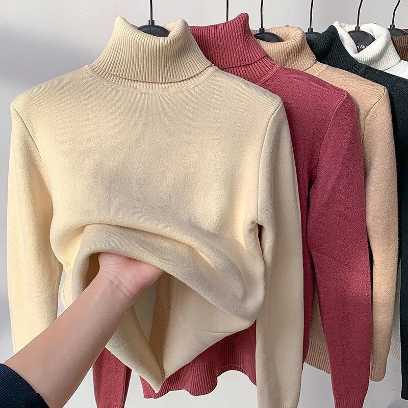 maoxiangshop Turtleneck Winter Sweater Women Elegant Thicken Velvet Lined Warm Sueter Knitted Pullover Slim Tops Jersey Knitwear Jumper New