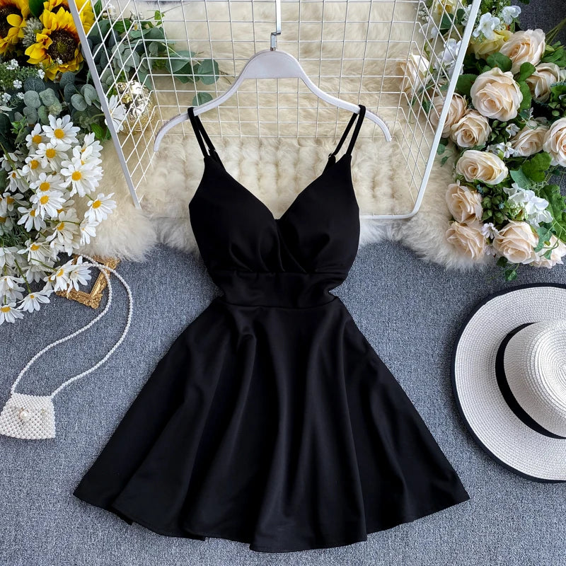 Women A-line Sexy Dress V-Neck Spaghetti Strap Backless Mini Dresses Soild Color Vestidos Slim Trend 2020 High Waist For Party