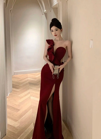 maoxiangshop Elegant Fashion Wedding Evening Party Long Dresses for Women Sexy Split Sleeveless Slim Ladies Vintage Red Prom Female Clothing