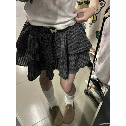 Vintage Plaid Mini Skirt Women Preppy Kawaii Ruffles Ball Gown Skirts Summer Japanese Harajuku High Waist A Line Skirt New